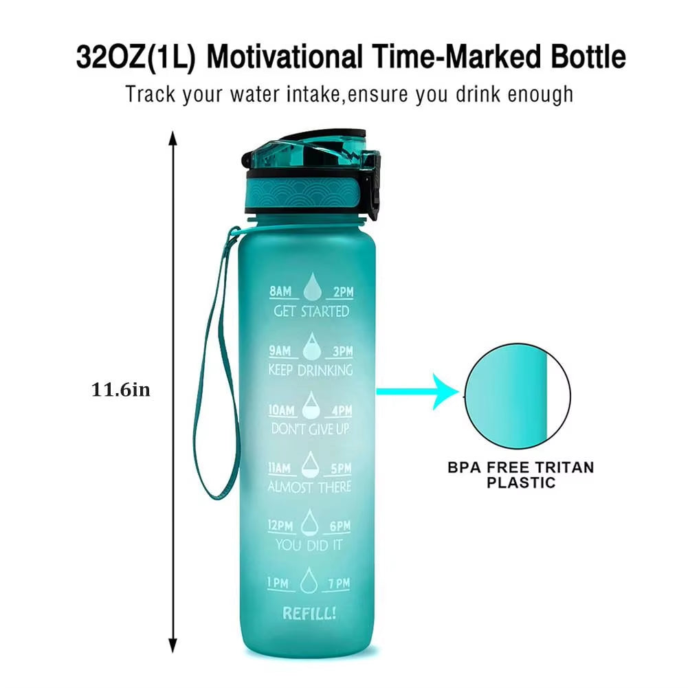 1L Tritan Material Water Bottle with Bounce Cover Time Scale Reminder Frosted Leakproof Cup for Outdoor Sports Fitness